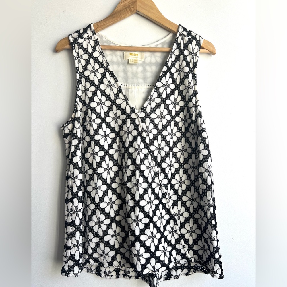 Maeve by Anthropologie Floral Eyelet Faux-Wrap Sleeveless Top Black & White